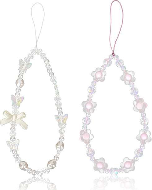2pcs Beaded Phone Bracelet Strap, Crystal Butterfly Flower Pearl Phone Beaded Wrist Strap Phone Bracelet Lanyard for Women Phone Keychain Charm (W...