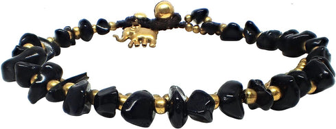 Handmade Black Obsidian Stone Elephant Charm Brass Beads Anklets Bracelet 10 Inches...