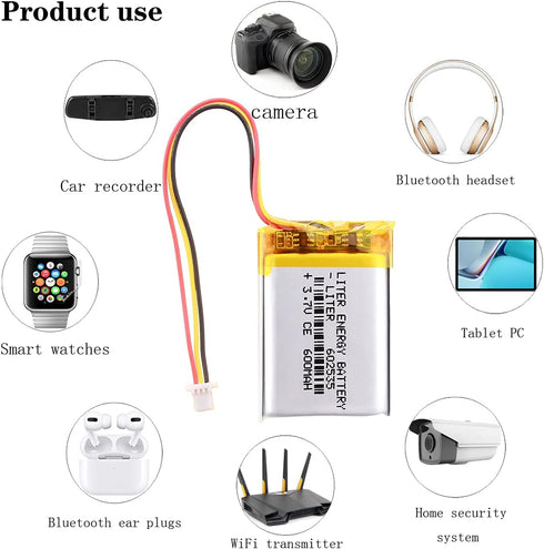 3.7V Lipo Battery 600mAh Rechargeable Lithium ion Polymer Battery 602535 Lithium Polymer ion Battery with SH 1.0-3P Connector...