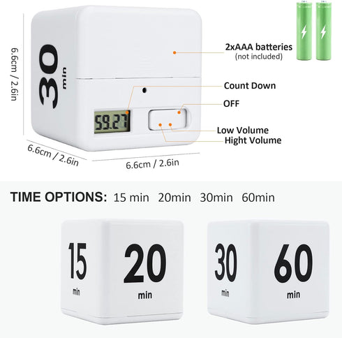 Kitchen Cube Timer, Kids Timer for ADHD Productivity Workout Flip Classroom for StudyTime Countdown Management Settings 15 20 30 60 Mins, White...