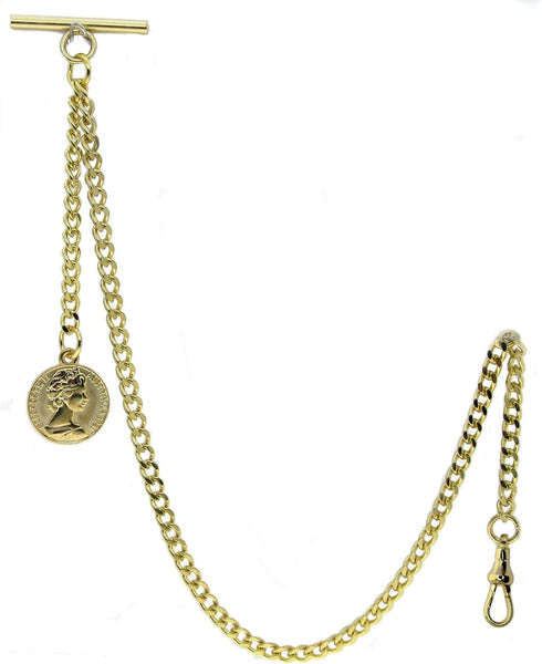 Albert Chain Gold Tone Pocket Watch Chain Vest Chain for Men Fob T Bar with Swivel Clasp with Queen Design Medal Fob Charm AC79A...