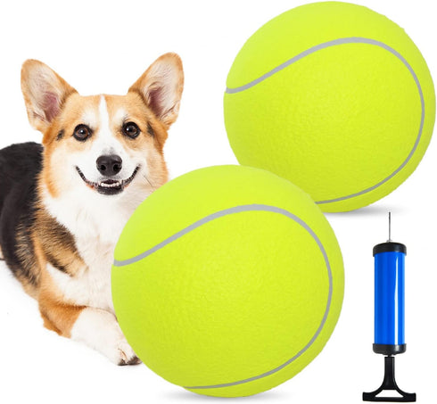 Pomeat 2 PCS Gaint Tennis Ball for Dogs, 9.5" Inflatable Large Tennis Balls Pet Chew Toy, Inflatable Rubber Non-Toxic Pet Toy Balls with Pump & Ne...