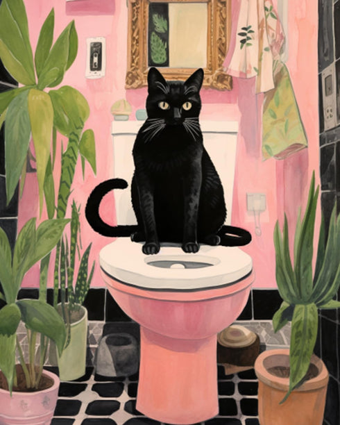 Black Cat Sit on Toilet Oil Painting Paint by Number Kits 16 x 20 inch Canvas Abstract Botanical Pink Green DIY Painting for Kids Students Adults ...