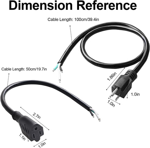 QTEATAK Male and Female Connector Extension Cord 125V 15A 2-Pole 3-Wire 50cm Female Connector and 100cm Male Straight Blade Plug with AWG12 Cables...
