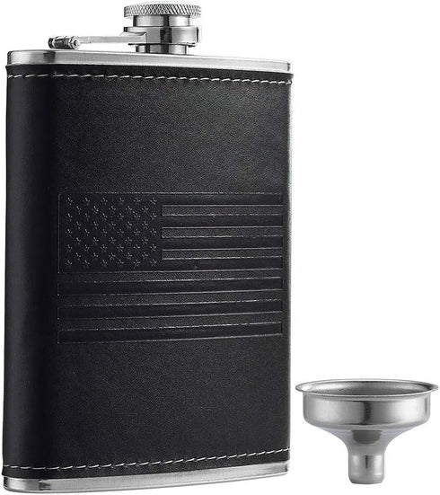 Stainless Steel American Flag Flask, Soft Touch Cover Liquor Flasks 8oz | Leak Proof Black PU Leather Heavy Duty Hip Set, Includes Funnel...