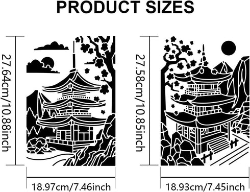 2pcs Japanese Zen Temple Stencil 11.7×8.3inch Large Japanese Style Temples Stencil with Paint Brush Sacred Pagoda Drawing Template for Wood Walls ...