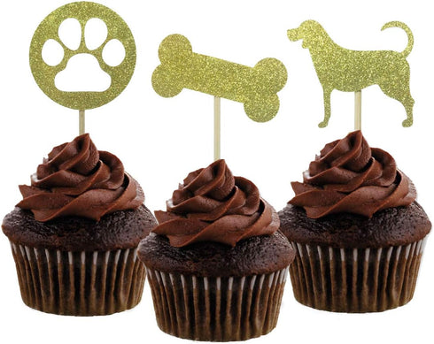 Morndew 24 PCS Gold Glitter Dog Palm and Bone Cupcake Toppers for Baby Shower Birthday Party Wedding Party Decorations...