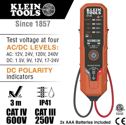 Klein Tools ET40 Digital AC/DC Voltage Tester, 12-240V AC, 1.5-24V DC, LED Illumination, DC Polarity, Auto Off, CATIII 250V-Class 2- Double Insula...