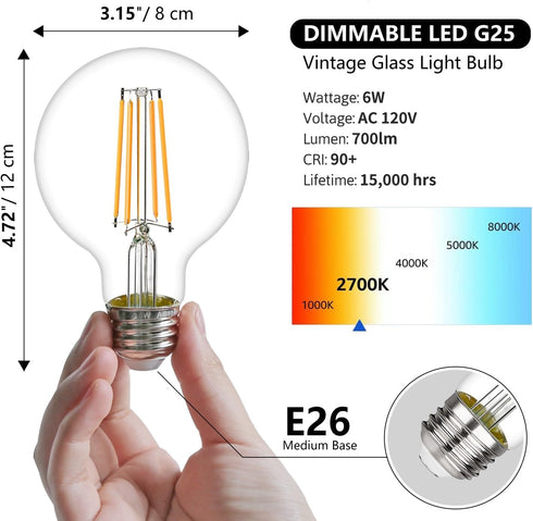 G25 LED Edison Vanity Globe Light Bulbs, LED Filament Light Bulb, 6W Equivalent to 60W, G80 Dimmable 700LM E26 Medium Base, Bathroom Vanity Mirror...