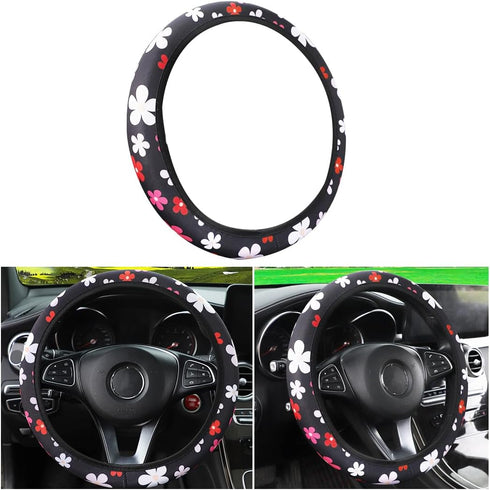 Car Steering Wheel Cover, Universal 15 inch, Soft Elastic and Comfortable, Cute Flowers Steering Wheel Protector, Warm in Winter and Cool in Summe...