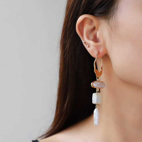 Statement Pearl Dangle Earring Luxury Chandelier Earring Gold and Pearl Earring Organic Style Earring Hoop Earring...