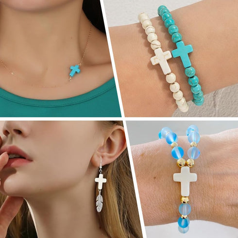 SUNNYCLUE 1 Box 100Pcs Cross Beads Bulk White Blue Synthetic Turquoise Stone Beads Easter Holiday Pocket Crosses 16x12mm Mini Small Loose Spacer C...