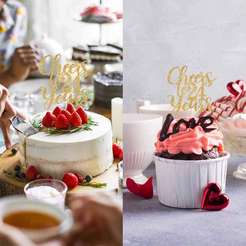 Gold Glitter Cheers to 24 years cake topper, Gold Happy 24th Birthday Cake Topper, Birthday Party Decorations, Supplies...