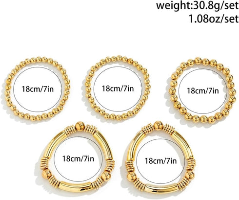 Jumwrit 5pcs Layered Beaded Bracelets Set for Women Dainty Stretch Elastic Round Ball Beads Chain Tube Bangle Bracelets Boho Stackable Bracelets T...