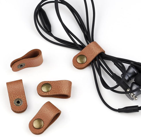 5 Pieces PU Leather Cord Organizer Reusable Cable Organizer Cord Keeper for Cable Straps,wrap Headphone,Earbud case,Headset (Brown)...