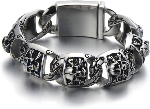 COOLSTEELANDBEYOND Heavy and Study Mens Stainless Steel Biker Skull Bracelet Silver Black Two-tone Polished...
