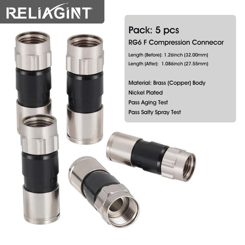 5 Pack RG6 Compression Connectors, 75 Ohm F Connector Inside Conductive washer Design Weatherproof Coax Connector, Compatible for RG6 Dual, Tri Qu...