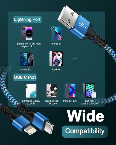 Apple Lightning & USB-c 2-in-1 Charging Cable (4 Feet), USB to Lightning & USB to Usbc Long Fast Charger Cord for iPhone 15 Plus 14 13 12 11 Pro/m...