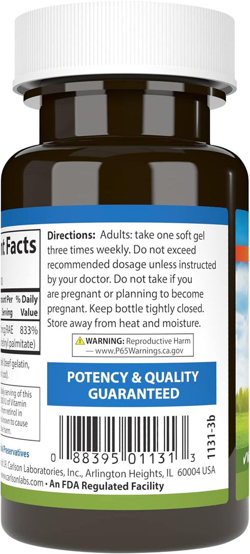 Carlson - Vitamin A, 25000 IU (7500 mcg RAE), Vision & Skin Health, Immune Function, 100 soft gels...