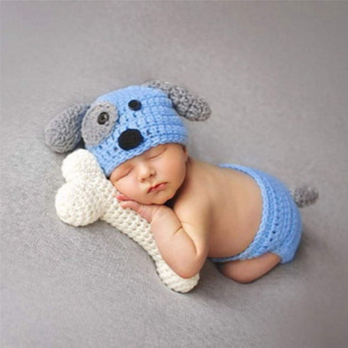 Newborn Baby Girl Boy Photo Props Outfits Crochet Knitted Blue Dog Hat Shorts with Bone Set for Boys Girls Photography Shoot (0-6 Months)...