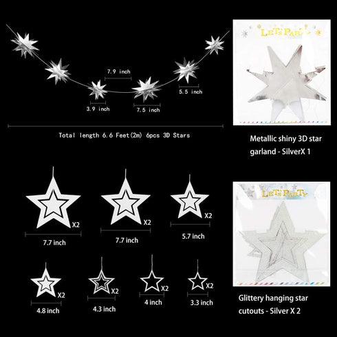 Glitter Silver Star Garlands Kit Metallic 3D Star Hanging Paper Garland Multi-shaped Twinkle Star Birthday Party supplies Wedding Baby Shower Chri...