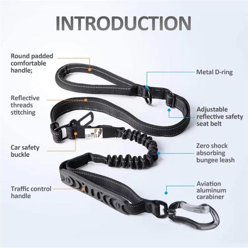 Heavy-Duty Bungee Dog Leash, Shock-Absorbing Features, Multifunctional Design, Car Seatbelt, Dual Padded Handles, Adjustable Length from 4 to 6 Ft...