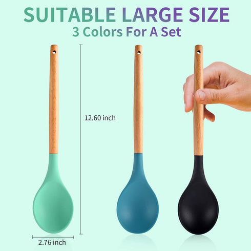 3 Pcs Large Silicone Spoon Wooden Handle Wood Handle Mixing Spoons Silicone Mixing Spoon for Cooking Baking Stirring Silicone Spoons Nonstick Heat...
