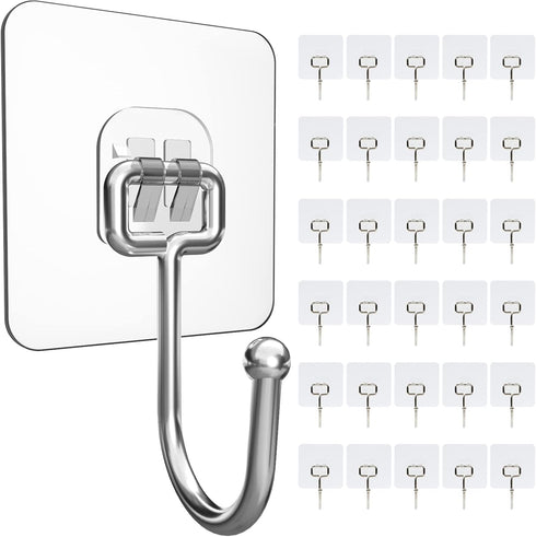 30 Packs Large Adhesive Wall Hooks, Heavy Duty Hold 44lb(Max) Wall Hooks for Hanging, Transparent Waterproof Rustproof Sticky Hooks for Kitchen Ba...