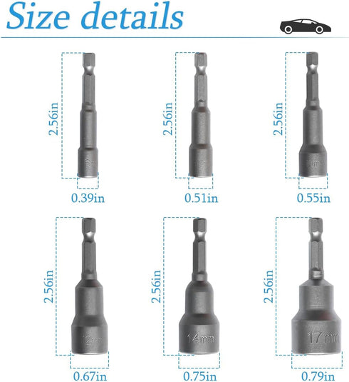 6 Pcs Hex Shank Magnetic Power Nut Driver Set, 1/4 Inch Quick Connect Hex Shank Tool Set, Works with 6/8/10/12/14/17 mm Hex Drive Jacks, Chrome Va...