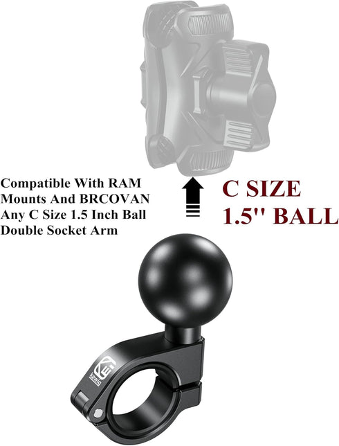 BRCOVAN Aluminum Alloy Handlebar Clamp Mount Base with 1.5'' TPU Ball, Fit on 0.875''/1''/1.125''/1.26'' Round Rails, Compatible with RAM Mounts C...