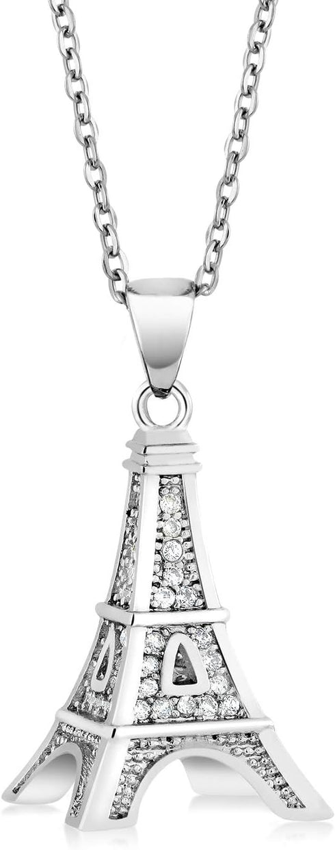 Gem Stone King France Eiffel Tower Pendant Necklace for Women | White Zirconia Set in 925 Sterling Silver | 0.5 Inch | with 18 Inch Complimentary ...