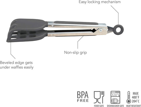 Tovolo Mini Waffles Tongs with Silicone Tips (Charcoal) - Small Tongs for Fruit, Coffee Bar, Charcuterie, Salad, Tea Party, Cooking, Taco Bar, App...