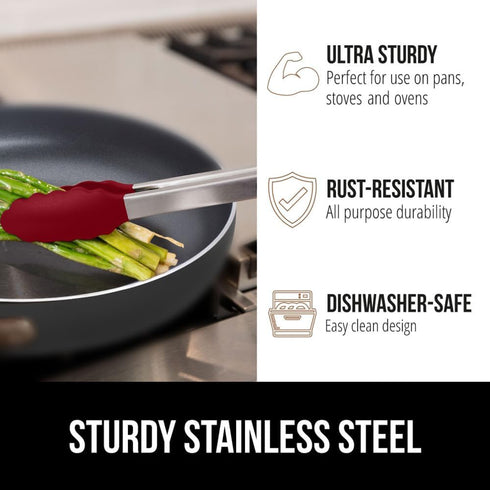 GORILLA GRIP Stainless Steel Heat Resistant Kitchen Tongs for Cooking, 9 + 12 Inch, Set of 2 BBQ Tong, Non Scratch Silicone Tip for Pan, Strong Gr...