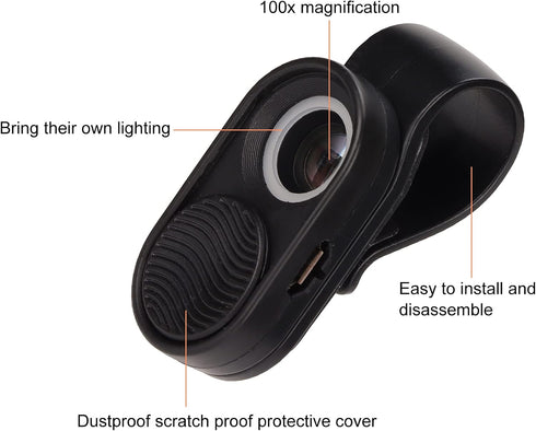 PUSOKEI 100X Phone Microscope,Mini Pocket Phone Camera Lens Attachment Microscopes with Universal Clip and LEDs,Portable USB Micro Magnifier for K...