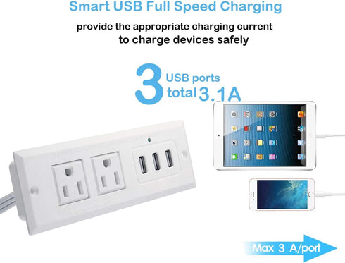 CCCEI Furniture Recessed Power Strip, White Desk Outlet with USB Ports, in Conference Desktop Flush Mount Plug, 6 ft Extension Cord....