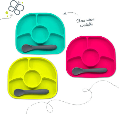 bbluev - Yuemi – Food Grade Silicone, BPA-Free, Suction Plate, Microwave & Dishwasher Safe, Anti-Spill Plate & Spoon Set w/Baby Utensils - for Bab...