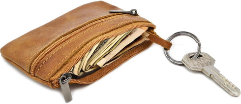 Women Genuine Leather Coin Pouch Zip Mini Purse Wallet Key Chain Double Zipper...