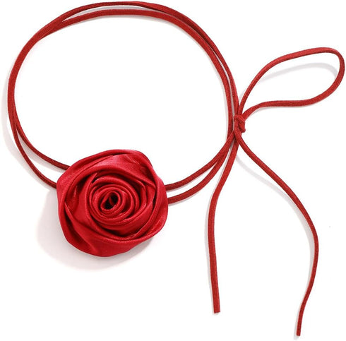 Vintage Rose Flower Long Wrap Necklace Suede Rope Tassel Tie Necklace Handmade Satin Flower Elegant Jewelry for Women and Girls...