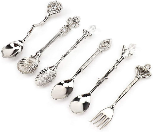 Fdit 6Pcs/Set Vintage Carved Coffee Spoon Teaspoon Retro Zinc Alloy Dessert Coffee Tableware Spoons Cutlery Kitchen(Silver)...