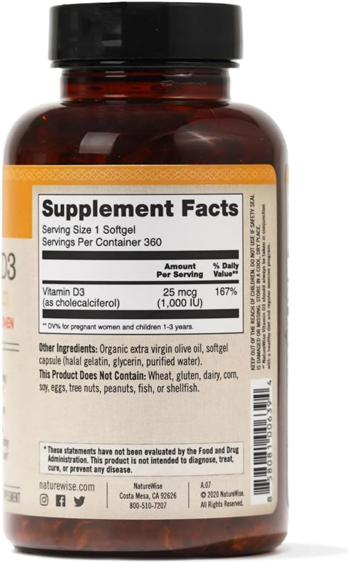 NatureWise Vitamin D3 1000iu (25 mcg) Healthy Muscle Function, and Immune Support, Non-GMO, Gluten Free in Cold-Pressed Olive Oil, Packaging Vary ...