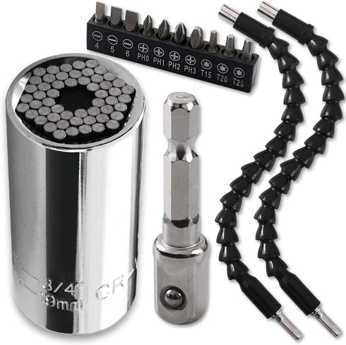 Universal Socket Wrench, Self-adjusting Socket Fits Standard 1/4''-3/4'' (7-19mm) with Ratchet Wrench Power Drill Adapter, 2Pcs 11.6'' Flexible Dr...