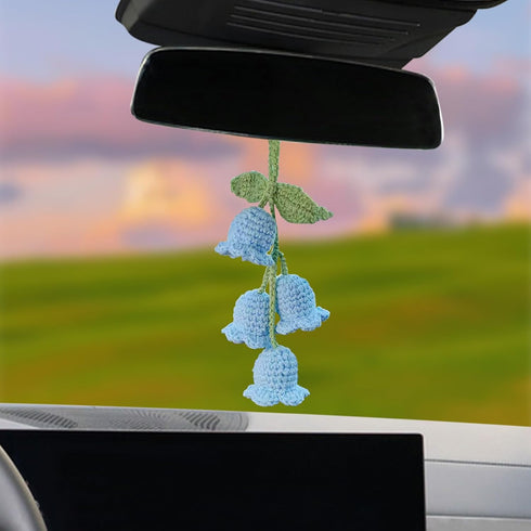 Car Mirror Hanging, Cute Flower Car Rear View Mirror Accessories, Handmade Knitted Rear View Mirror Pendant, Rearview Mirror Pendant Ornament (Blu...