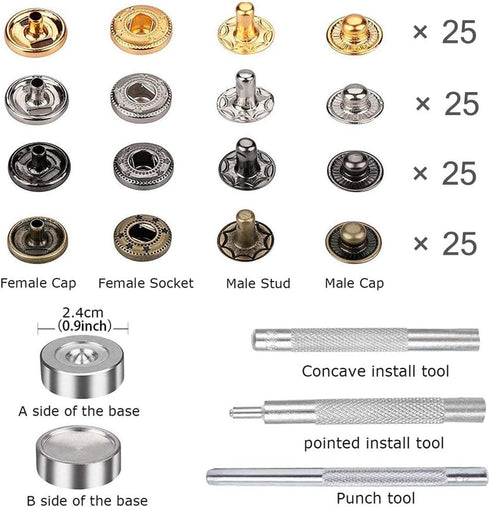 Snap Fastener Kit,Metal Snaps Buttons with Fixing Tools, 4 Color Clothing Snaps Kit for Clothing, Leather, Jacket, Jeans Wear, Bags, Bracelet...