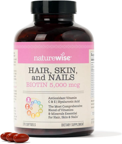 NatureWise Hair Skin and Nails Vitamin, Biotin 5000mcg w/Hyaluronic Acid, Multivitamin for Women w/Vitamin C, Vitamin B Complex, Vitamin D, A, E -...
