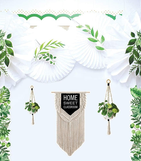 Schoolgirl Style Simply Boho Bulletin Board Set—Home Sweet Classroom Macrame Header, Leaf Border Trims, Hanging Planters, Assorted Leaves, Hexagon...