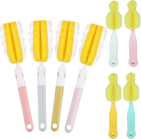 4PCS Bottle Brush + 4 PCS Nipple Brush Sponge Baby Bottle Brushes Milk Bottle Nipple Cleaner Set Cup Scrubber Brush Detachable Portable Water Bott...