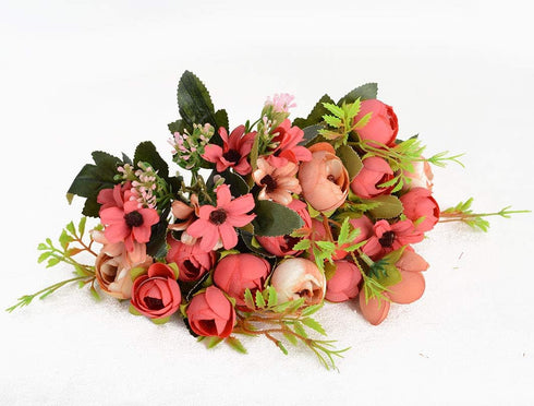 Artificial Flowers Fake Flowers Silk Rose Bouquets Decoration with Ceramics Vase for Table Home Office Wedding (Red Bud)...