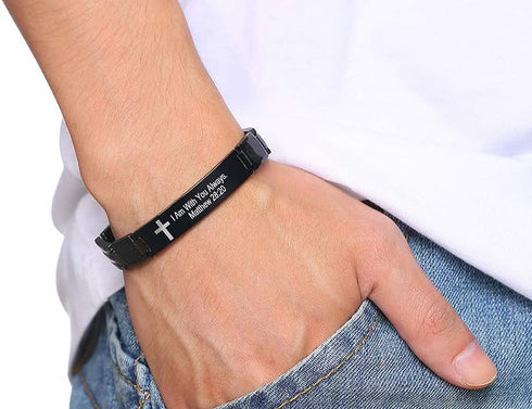 MEALGUET Stainless Steel Religous Scripture Quote Faith Christian Bible Verse Inspirational Cross Carbon Fiber Link Bracelet for Men...