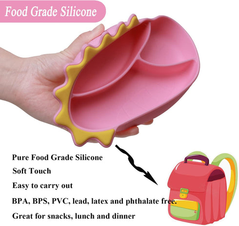 Suction Plates for Baby,Silicone Toddler Plates with Stainless Steel Spoon Fork set Divided Dinosaurs Plates Self Feeding Training Baby Dinner Pla...