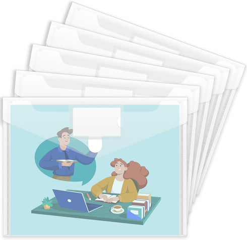 Sooez 5 Pack Plastic Envelopes Poly Envelopes, Clear Document Folders US Letter A4 Size File Envelopes with Label Pocket for School Home Work Offi...